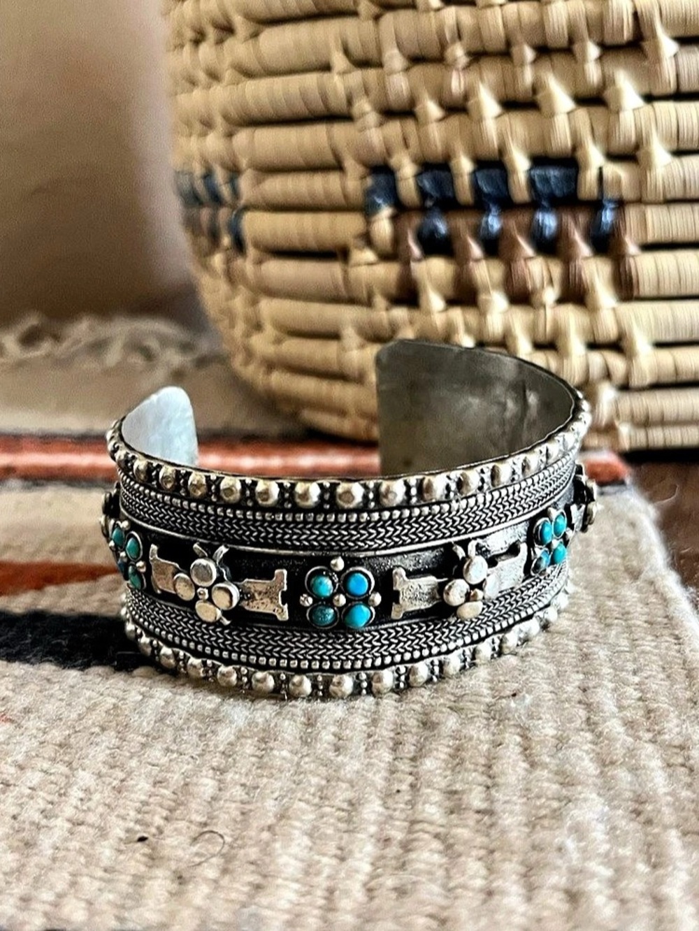 Turquoise Embellished Silver-Tone Cuff Bracelet